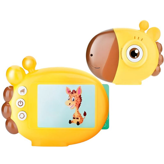 Toddler using the Giraffe Talking Flash Cards Reader – interactive learning toy for speech and vocabulary.