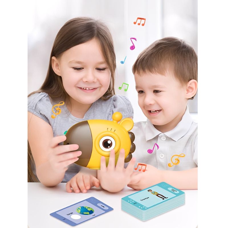 Toddler using the Giraffe Talking Flash Cards Reader – interactive learning toy for speech and vocabulary.